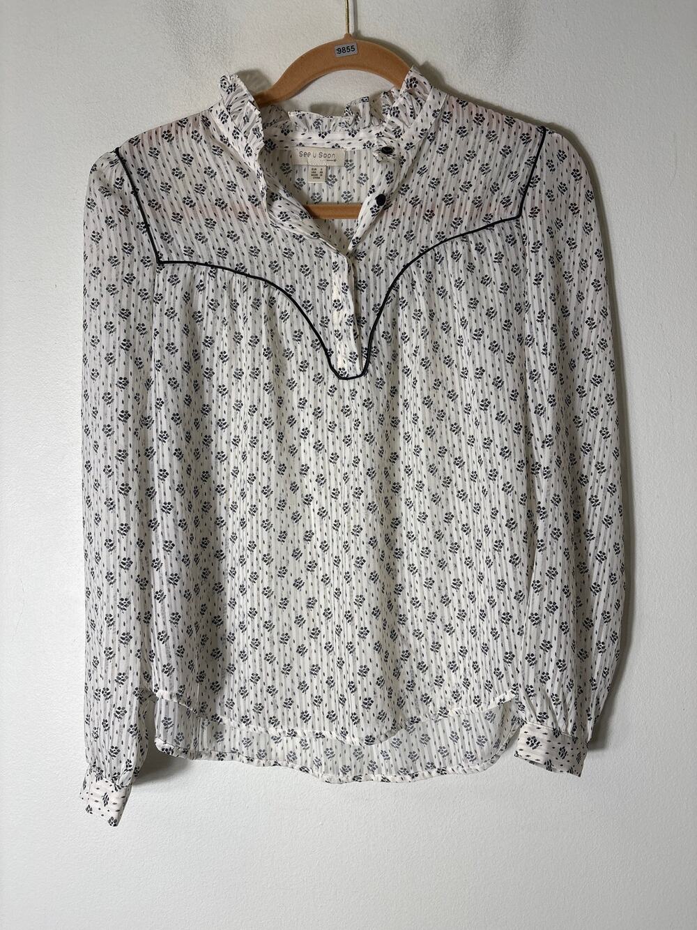 See U Soon White And Black Floral Sheer Long Sleeve Top Sz XS